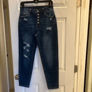 High-Rise Distressed Button fly Women's Jeans - Dark Blue